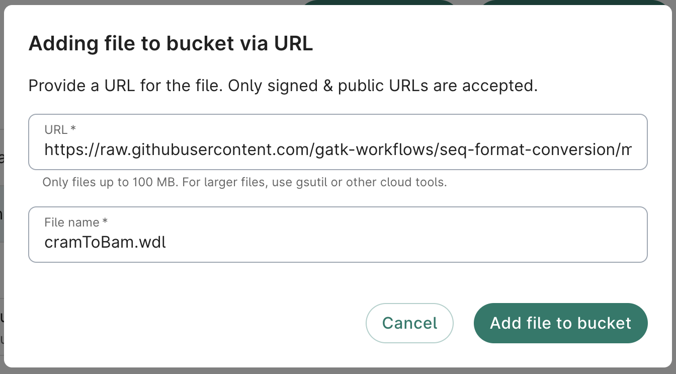 Screenshot of the 'Adding file to bucket via URL' dialog.