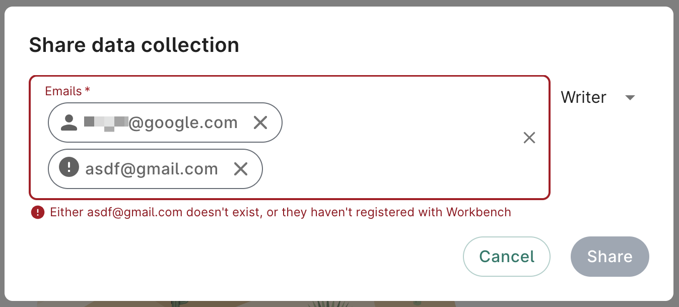 Screenshot of the Share data collection dialog showing a valid email address and an invalid email address with an error message.