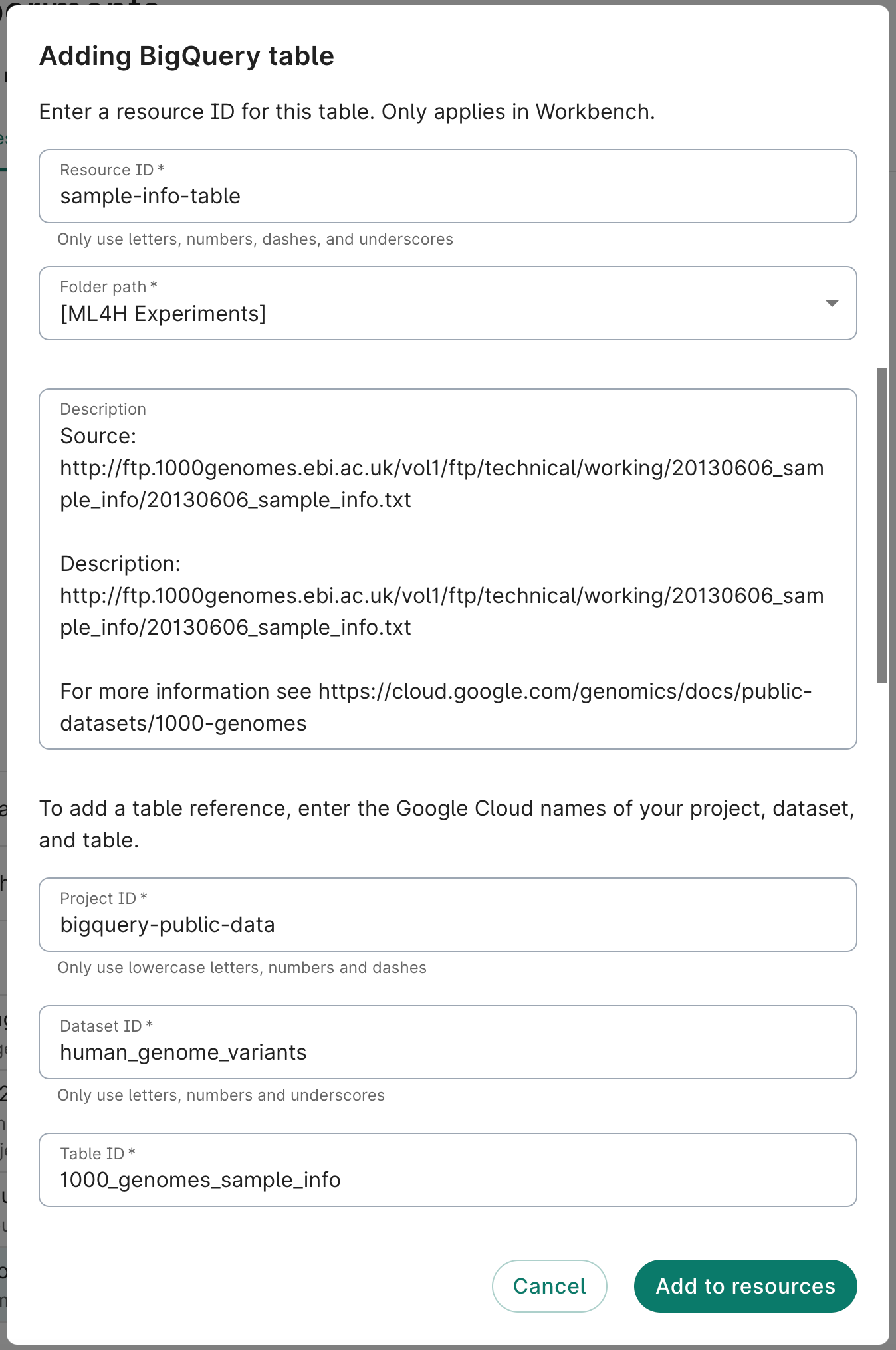 Screenshot of the Adding BigQuery table dialog.