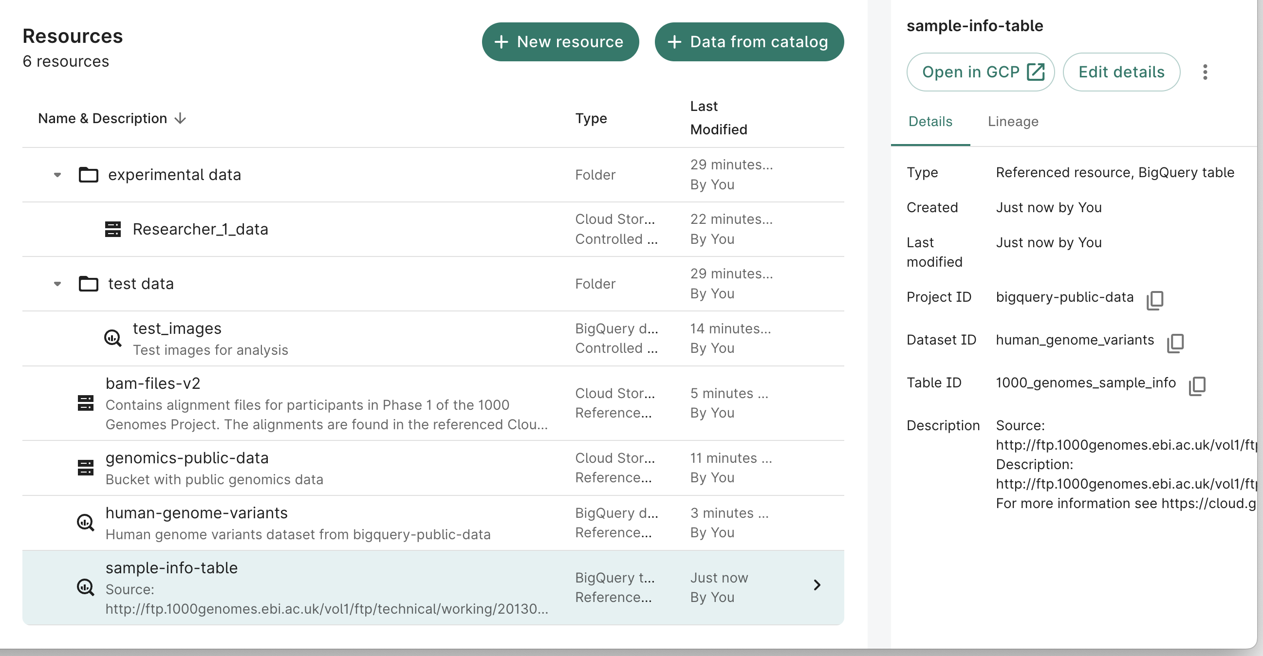 Screenshot showing details of a BigQuery table referenced resource.