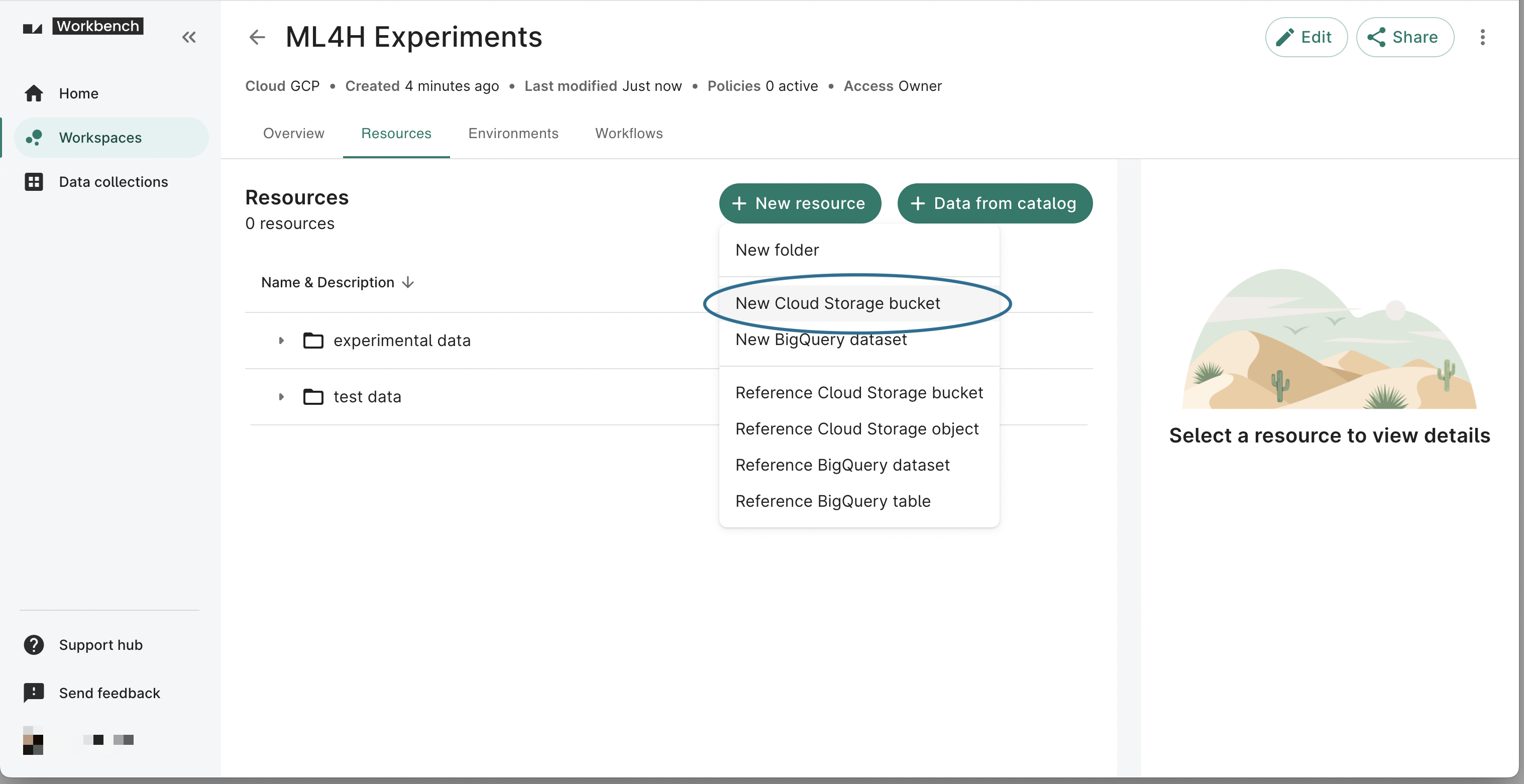 Screenshot of a workspace's Resources page, with the New Cloud Storage bucket option highlighted.