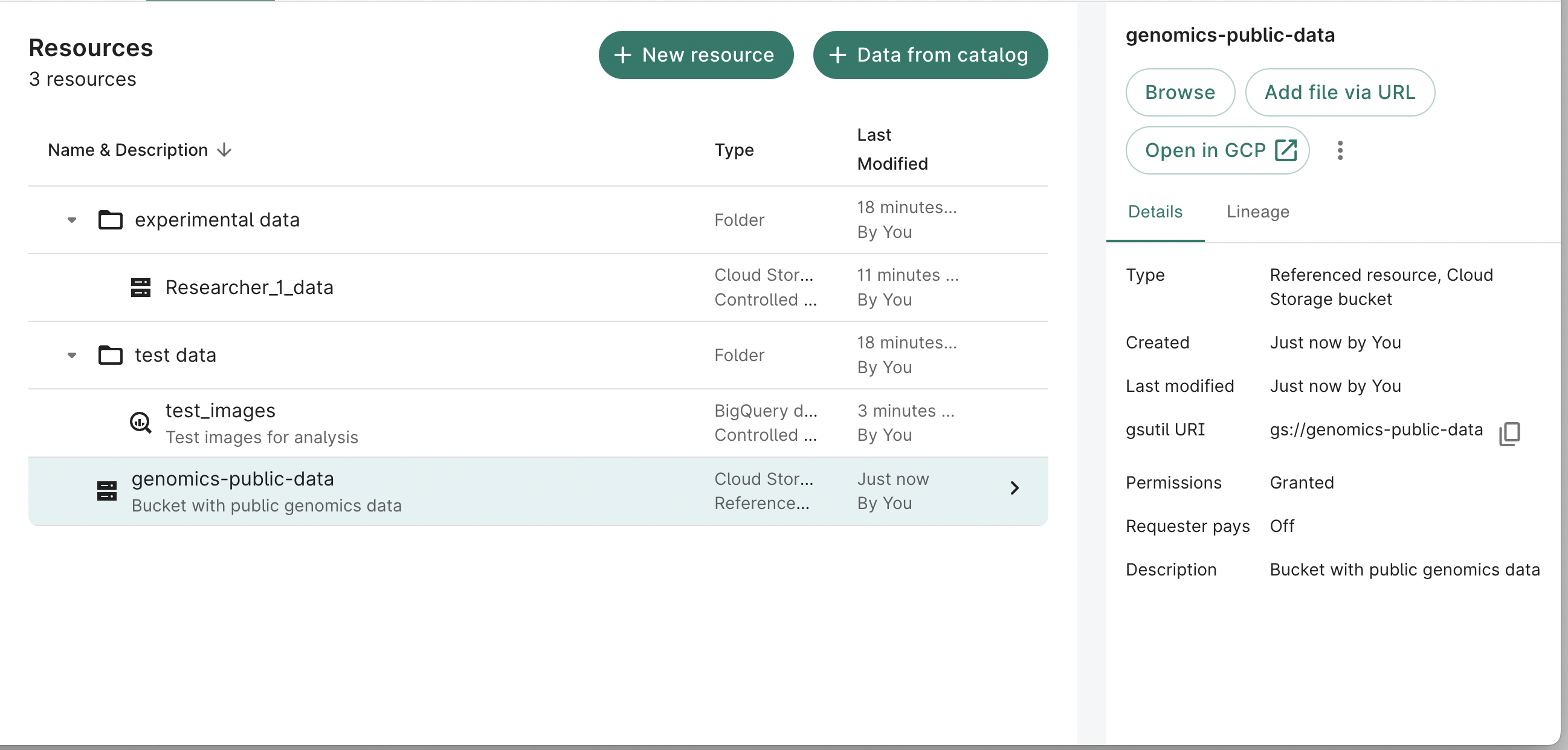 Screenshot showing details of a Cloud Storage bucket referenced resource.