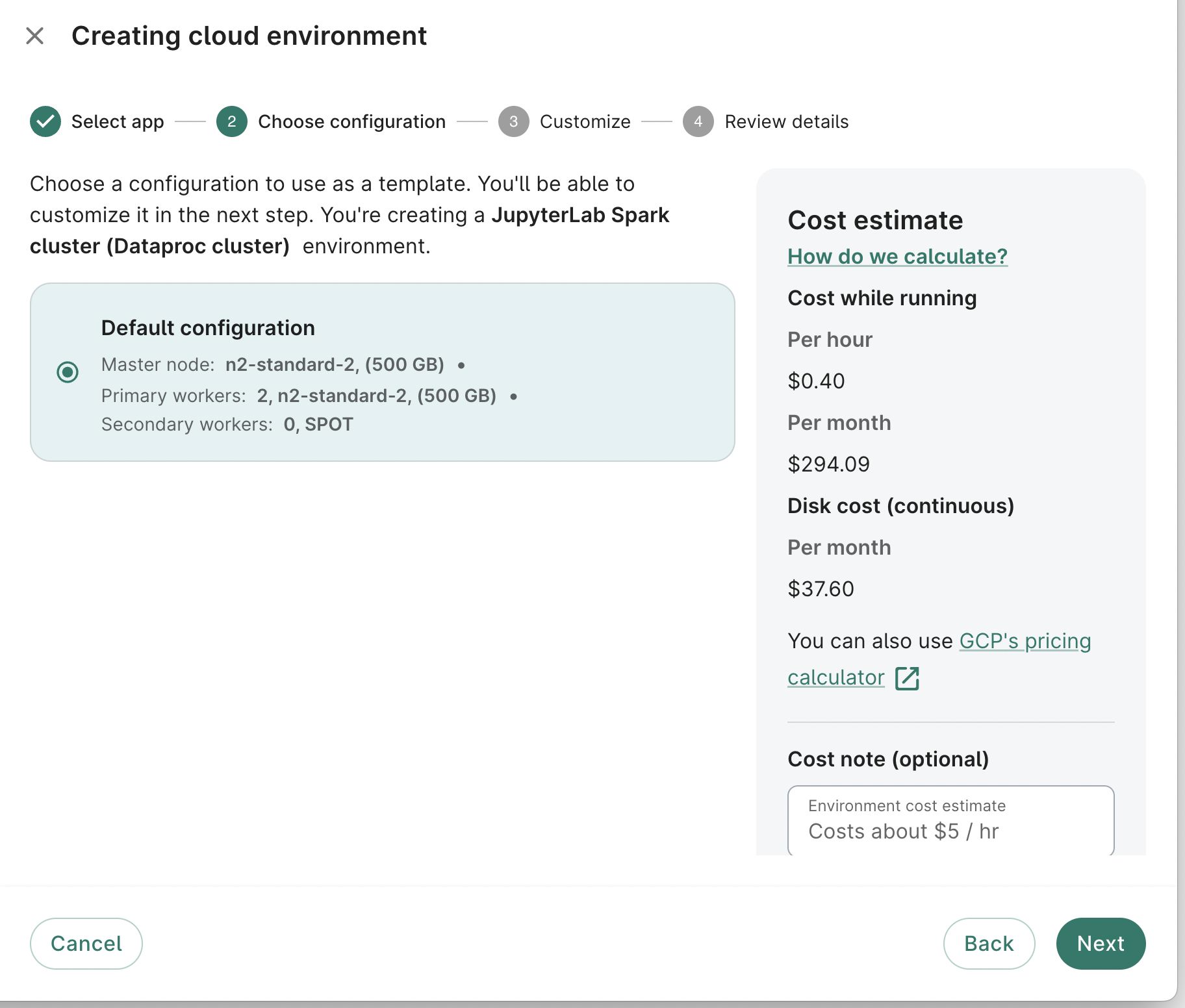 Screenshot of Choose configuration dialog showing cost estimate, the second step when creating a cloud environment. The default configuration is selected.