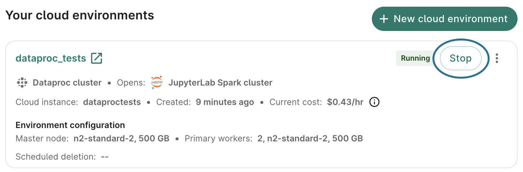 Screenshot of cloud environment card, highlighting the 'Stop' button.