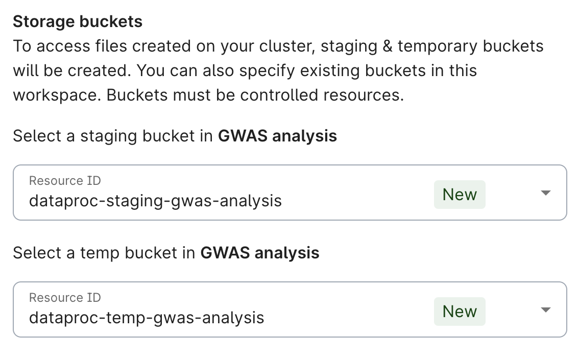 Screenshot of Storage buckets section in Customize dialog, showing the 'Resource ID' input field with a staging bucket name.