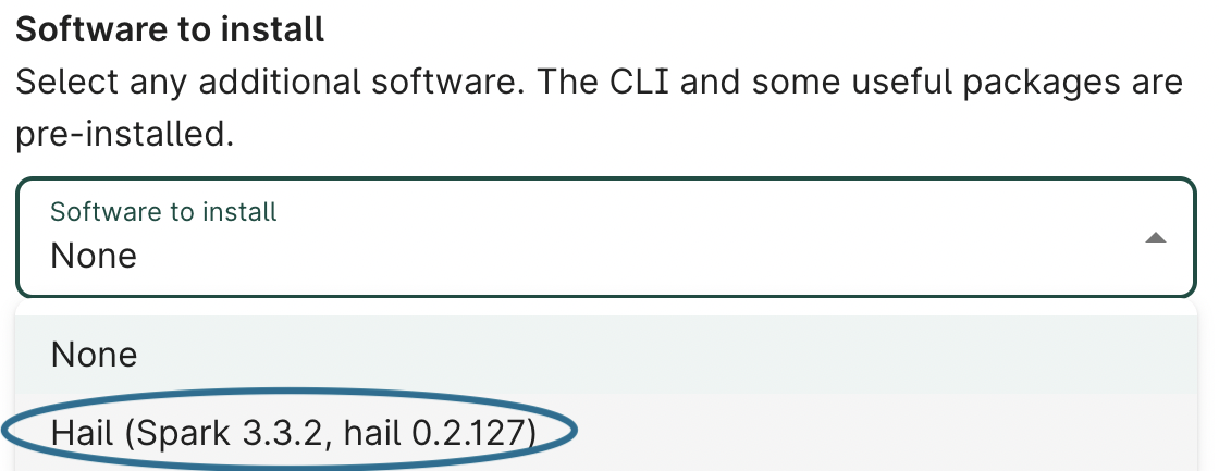 Screenshot of Advanced options section in Customize dialog, showing 'Software to install' dropdown and highlighting Hail option.