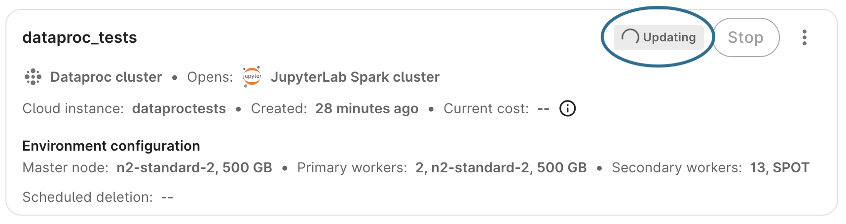 Screenshot of cloud environment card, highlighting the 'Updating' status.